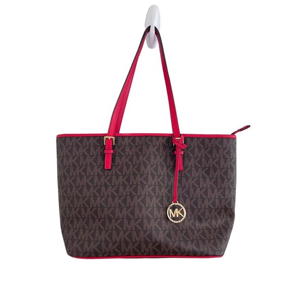 Jet Set Travel Medum Logo Top-Zip Tote Bag Brown / Red - Picture 1 of 8